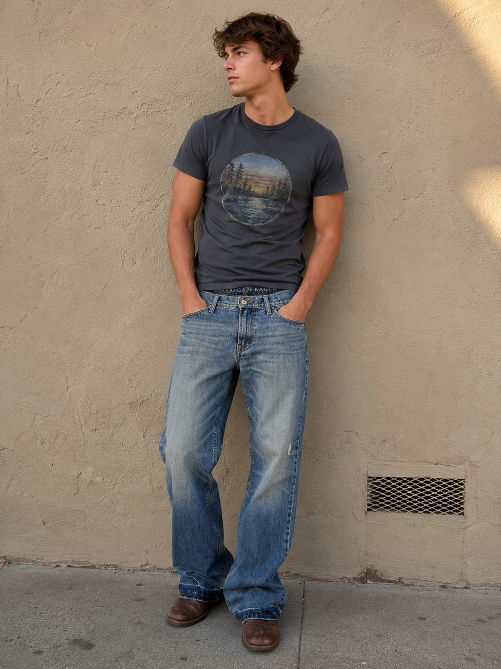 Mens American Eagle Low Loose Blue Jeans Faded Grunge Skate Workwear Y2K 30x32